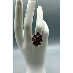 Vtg 925 Sterling Silver Garnet Floral Cluster Statement Cocktail Ring Sz 7.75